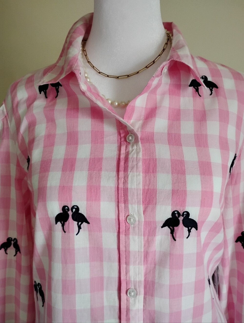 Crown & Ivy Cotton Gingham Button Up Tunic Navy Blue Pink Flamingo Colorful Sz S
